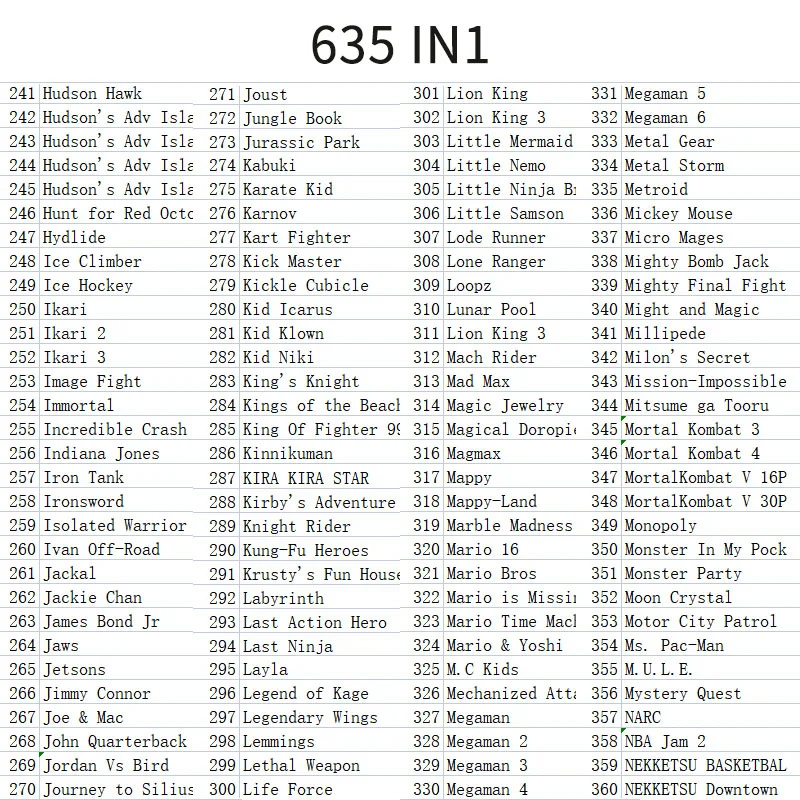 Super 635 in 1 Classic Collection NES Cartridge Multicart For Nintendo Entertainment System - 8 Bit Game Cartridge
