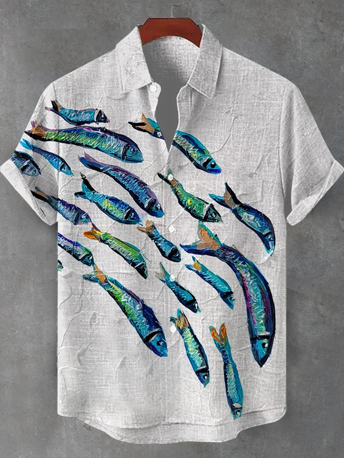 Men's Three-Dimensional Sardines Swim Oil Painting Texture Print Casual Shirt