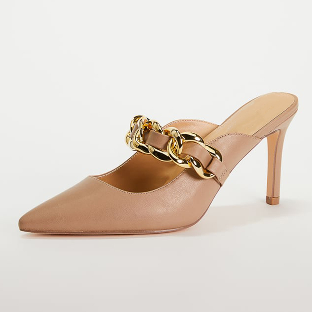 Nude Vegan Leather Closed Toe Kitten Heel Mules with Chain Nicepairs