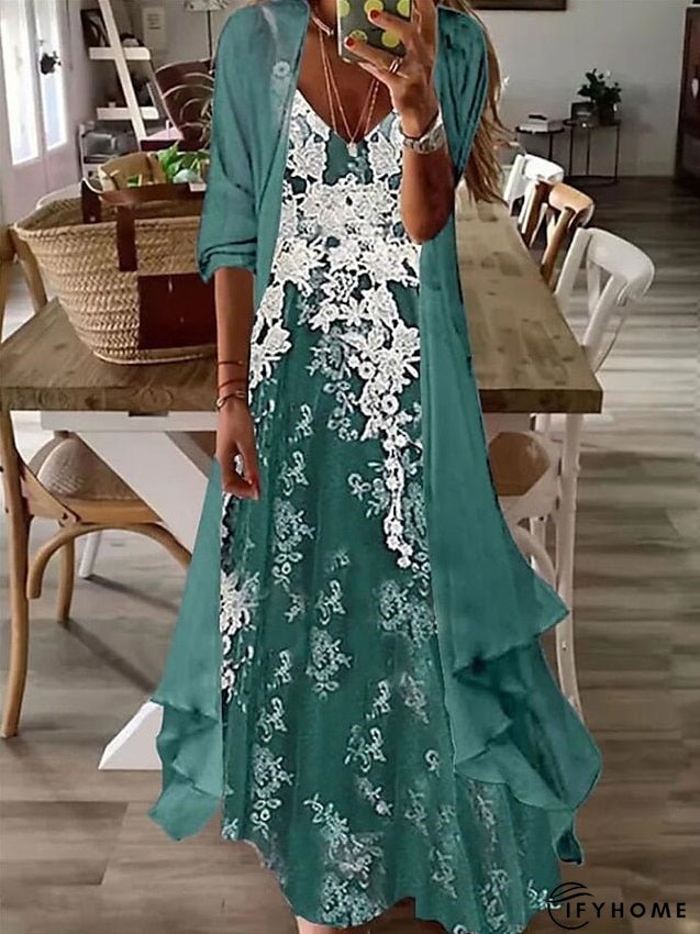 Casual Dress Dress Set Two Piece Dress Long Dress Maxi Dress Purple Brown Green Half Sleeve Flower Print Summer Spring V Neck Fashion Vacation S M L XL XXL 3XL for Women | IFYHOME