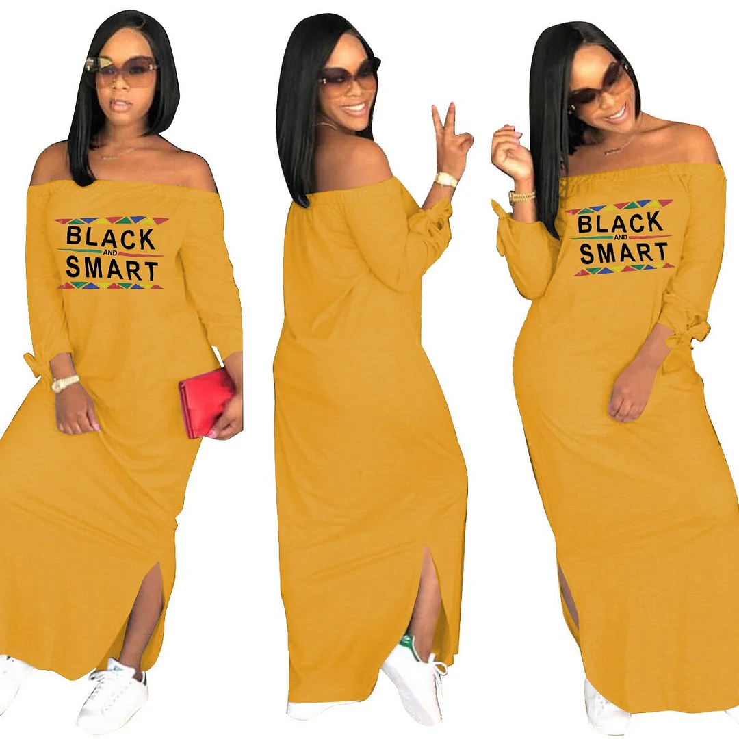 Fashion Sexy Slash Neck Ladies Solid Color Letter Printing Long Dress Home Casual Street Loose Large Size Dress