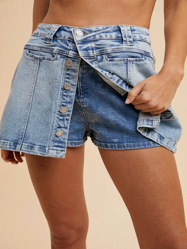 Womens Casual Denim Skirt Chic Asymmetric Button Front Mini A Line Wrap Style Light Blue Washed Distressed High Waist Summer Above Knee Fashion Street Fashion Daily Wear Modern Design