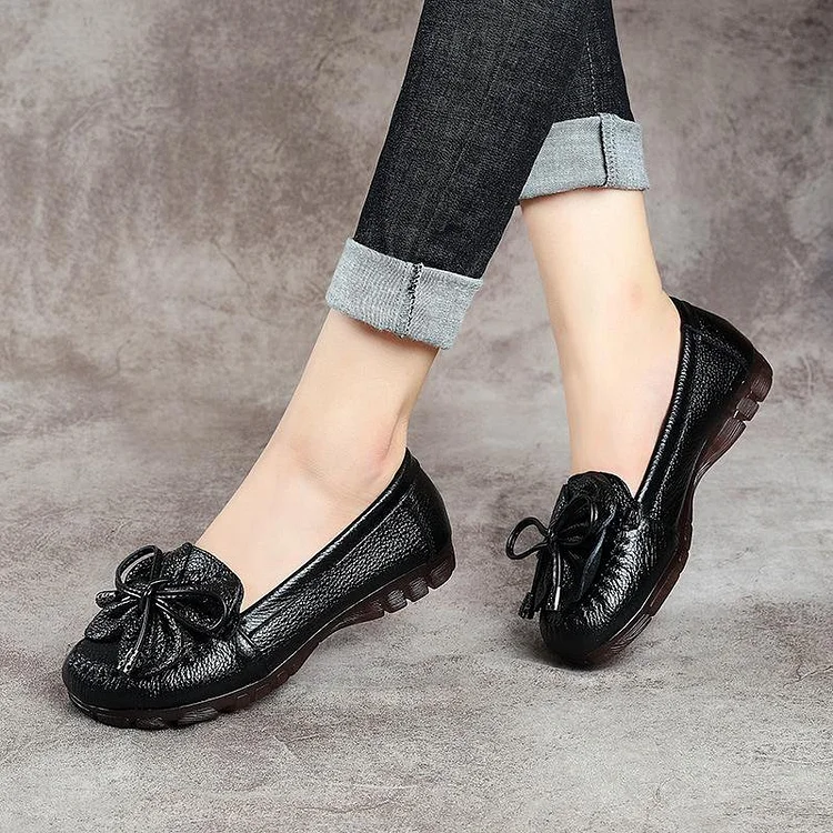 Black Bow Flat Shoes Genuine Leather Handmade  Flat Shoes