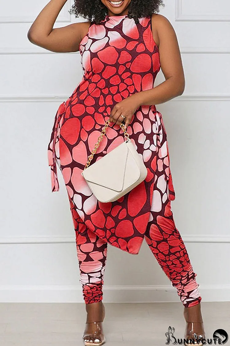 Red Casual Print Bandage Split Joint Asymmetrical O Neck Plus Size Two Pieces
