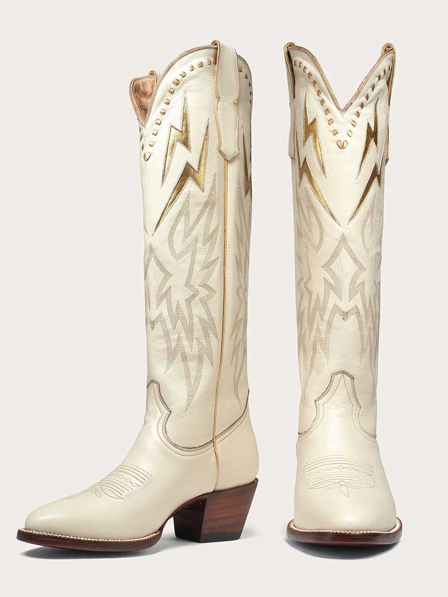 White Embroidered Gold Lightening Inlay Cowgirl Boots with Block Heel