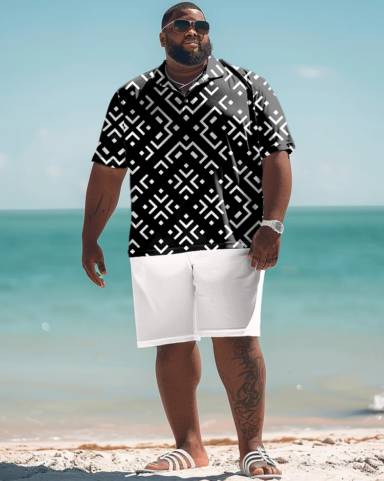 Men's Plus Size Geometric Print Polo Shirt Shorts Suit