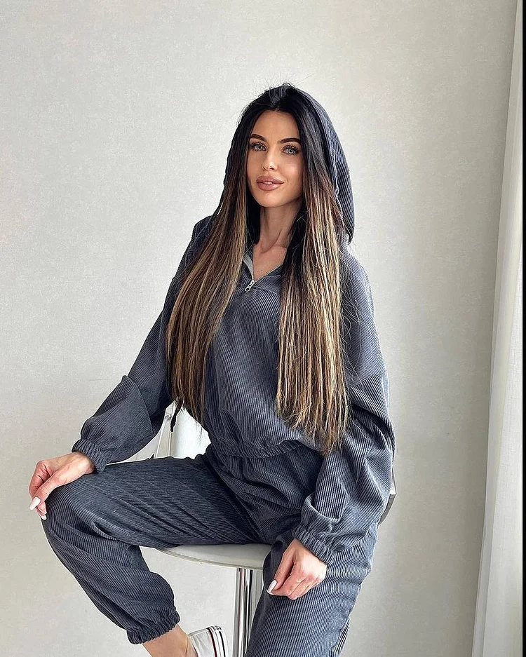 Solid Color Two-Piece Zippered Long-Sleeved Trousers Suit at Hiphopee