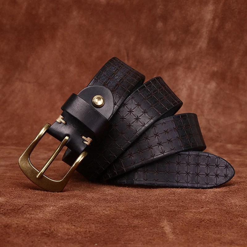 Men's Leather Belt Laser Engraving Embossing Thickened Extra Thick Belt Retro Cowboy Western Jeans Belt 3.8CM Wide