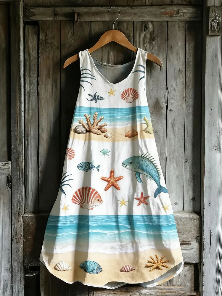 Women's Ocean Creature Print Spaghetti Strap Cotton Dress