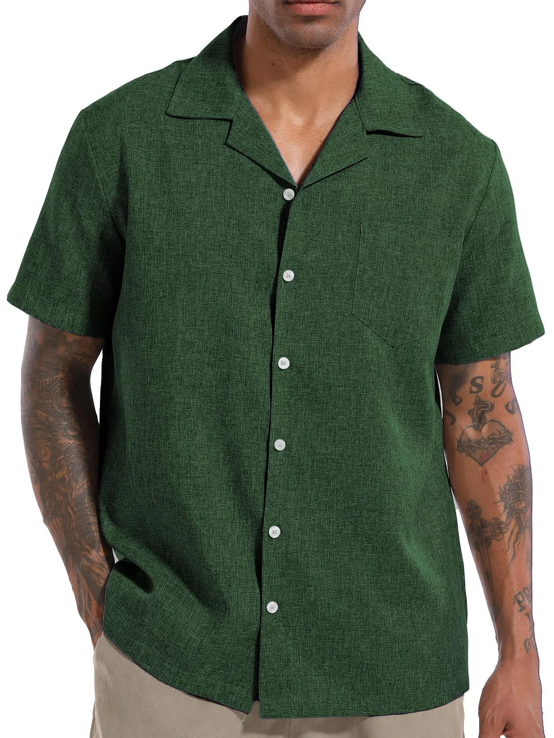 Suitmens Men's Fashionable Cuban Collar Linen Pocket Short Sleeve Shirt