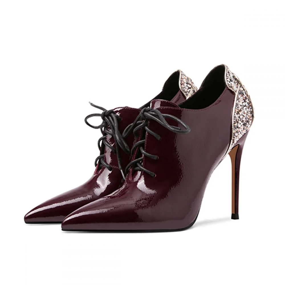 Pointed Toe Ankle Booties Glossy Brown Boots Lace Up Glitter Boots Nicepairs