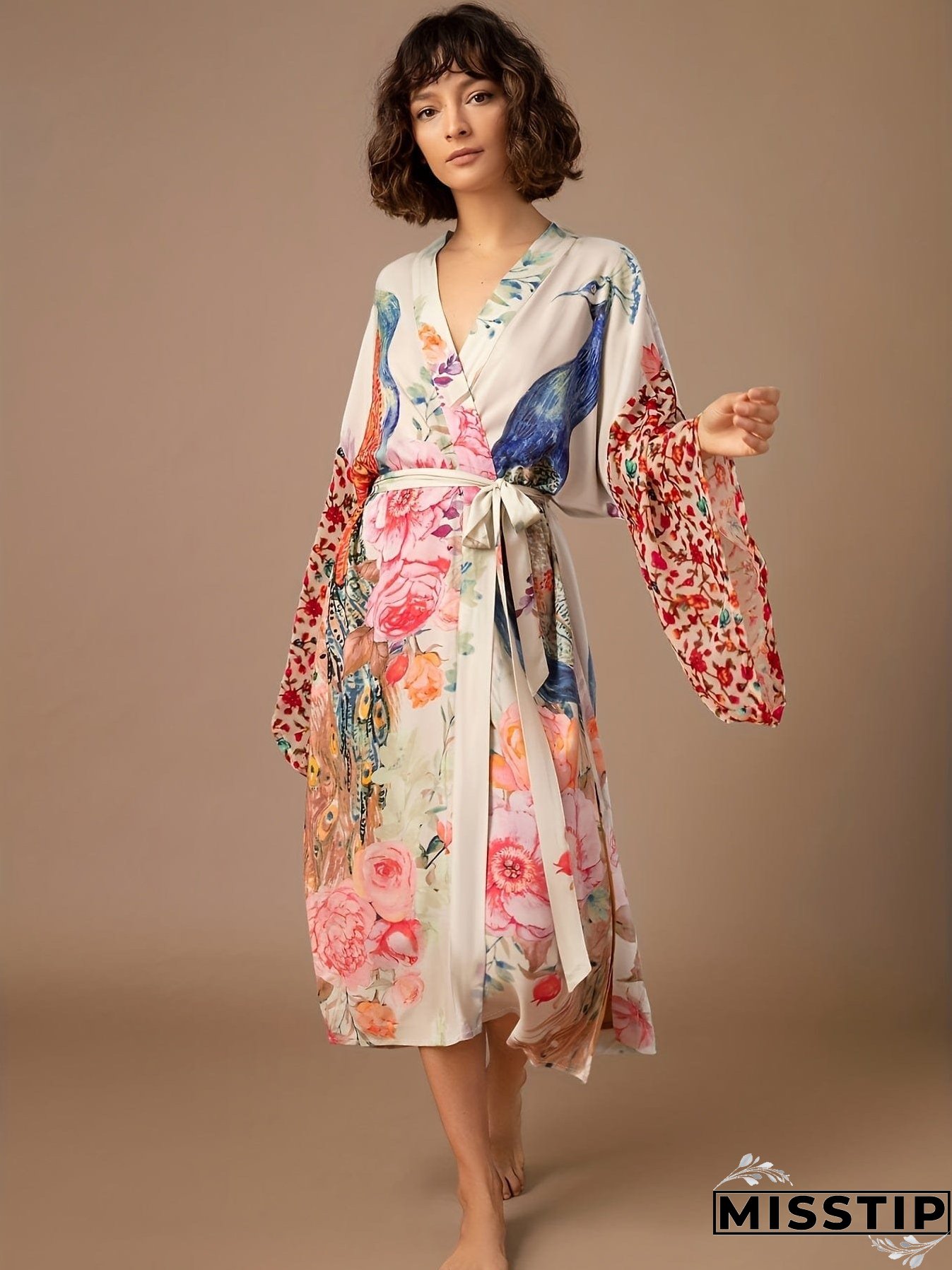 Long Sleeve Peacock Print Beach Kaftan