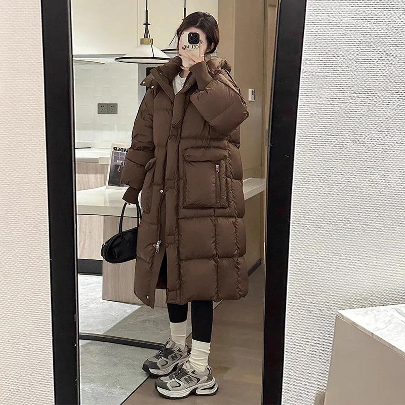 Toloer High-End Long Down Jacket Female 2024 Winter New Korean Version Fashion Thickened Large Pocket Over The Knee Warm Coat Large Size-Outfit Ideas