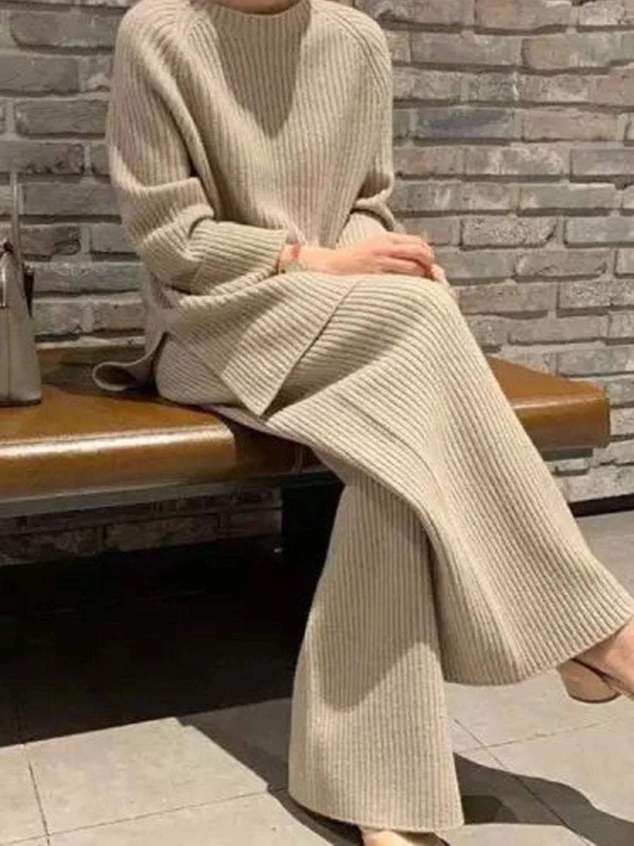 Long Sleeve Solid Color Knitted Casual Two-piece Suit