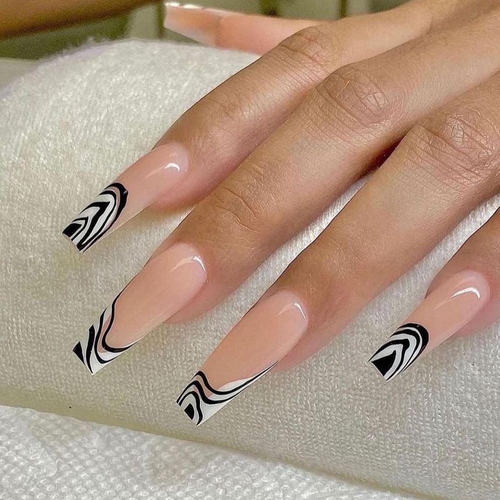 24pcs/Box Fake Nails French Style Brindle Full Cover Ballerina Fake Nails DIY Glue Press On Nails Nail Supplies For Professional