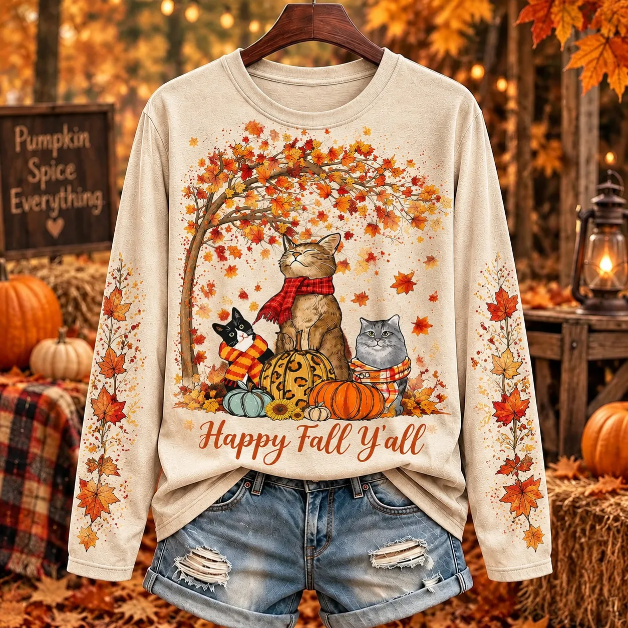 Comstylish Women's Cute Cat Print Long-sleeve T-shirt