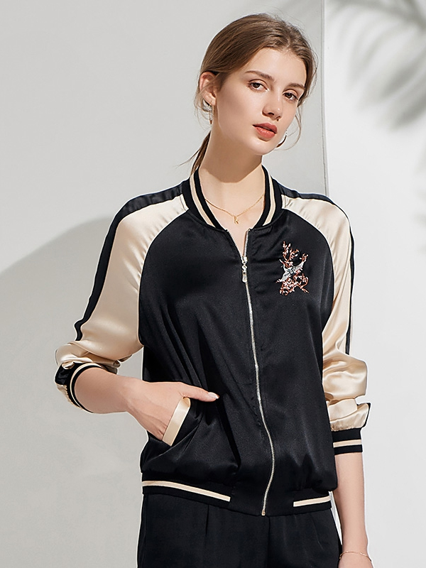 Cardigan en soie manteau de broderie à col baseball-Soieplus