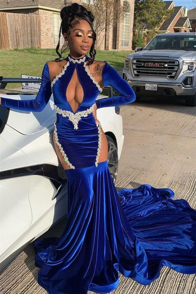 Bellasprom Royal Blue High Neck Long Sleeves Mermaid Prom Dress With Beadings Bellasprom