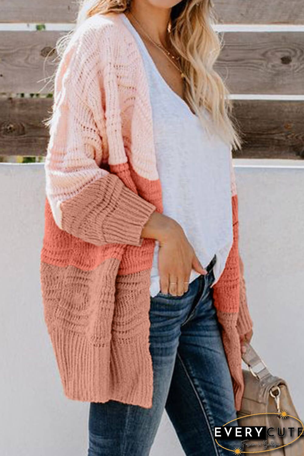 Pink Colorblock Knit Cardigan