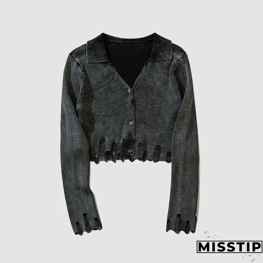V Neck Distressed Star Button Cropped Cardigan Sweater