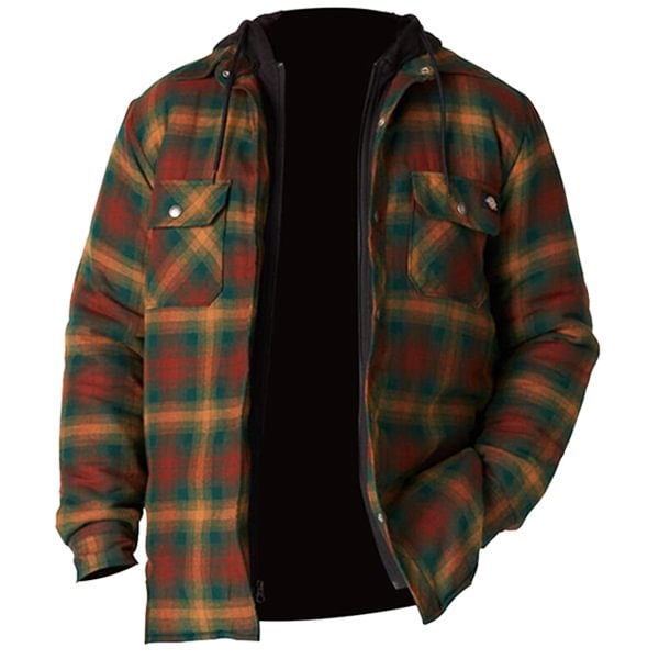 Men's Plush Fleece Warm Lining Plaid Zipper Tactical Outdoor Jacket