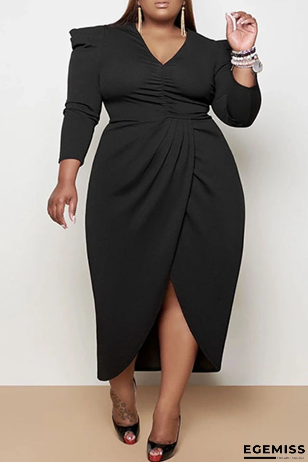 Black Sexy Solid Fold V Neck Asymmetrical Plus Size Dresses | EGEMISS