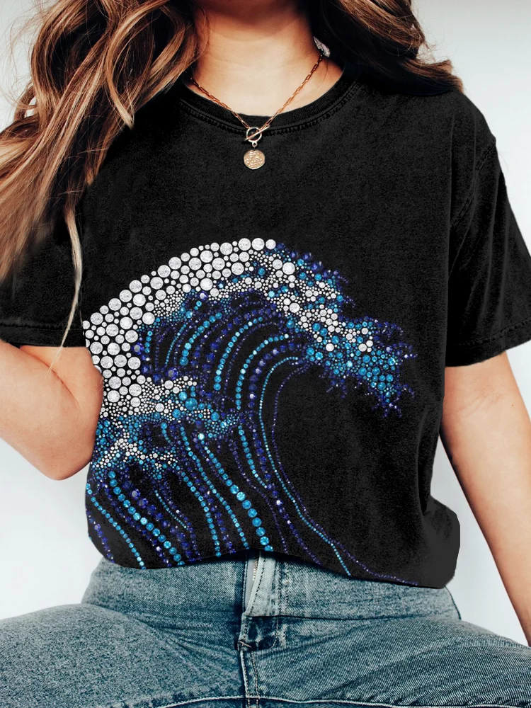 Japanese Wave Inspired Rhinestone Art Vintage T Shirt