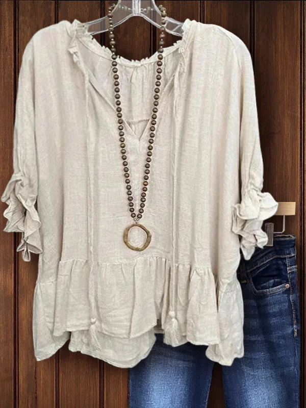Cotton Linen Ruffle Sleeve Top
