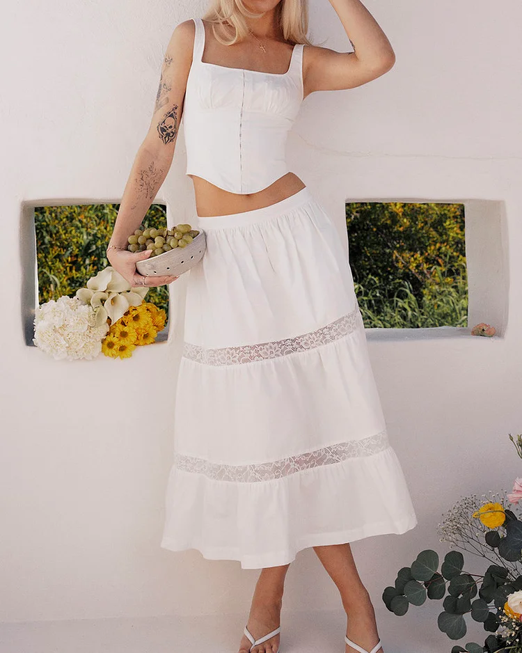 Stylish Camisole Top And Lace Panel Skirt Set