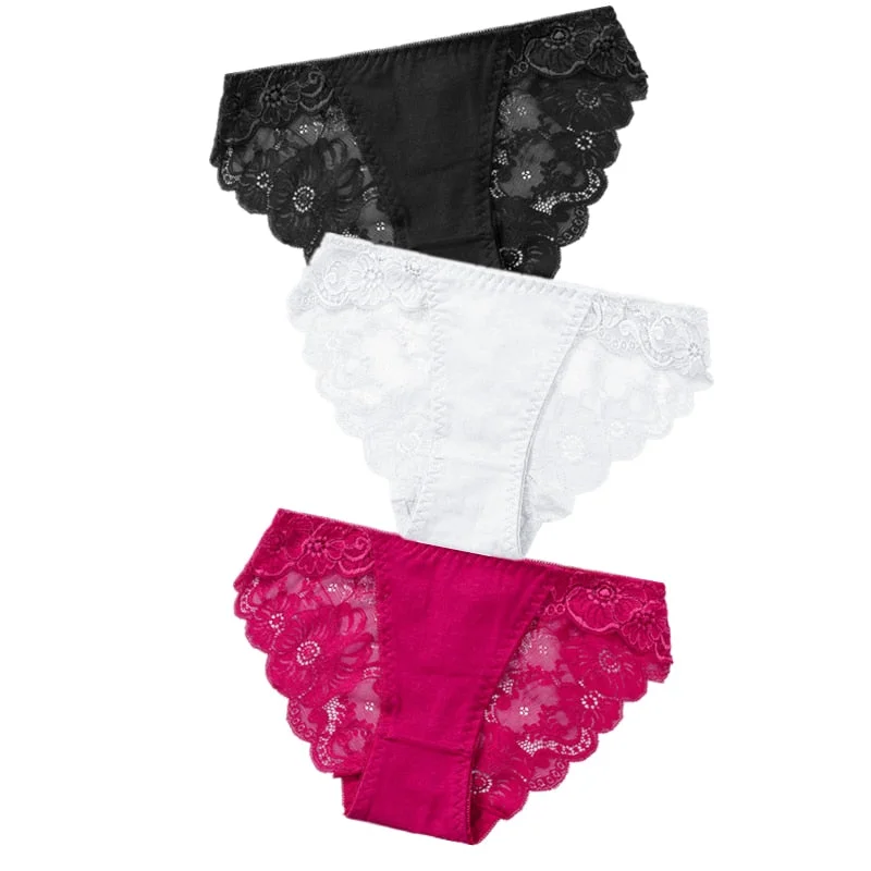 3pcs Exotic Apparel Sexy Panties Lace Briefs Women Low-Rise Solid Panty Underwear Sexy Women Lace Breathable Hip-lift Underpants