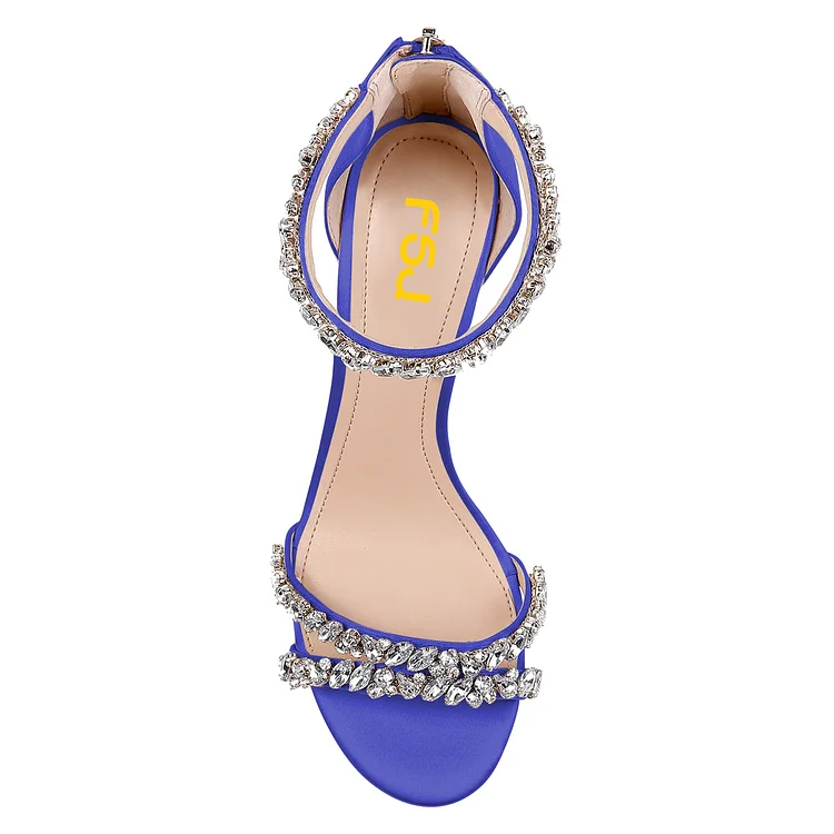 Royal Blue Rhinestone Ankle Strap Sandals with Chunky Heel Vdcoo