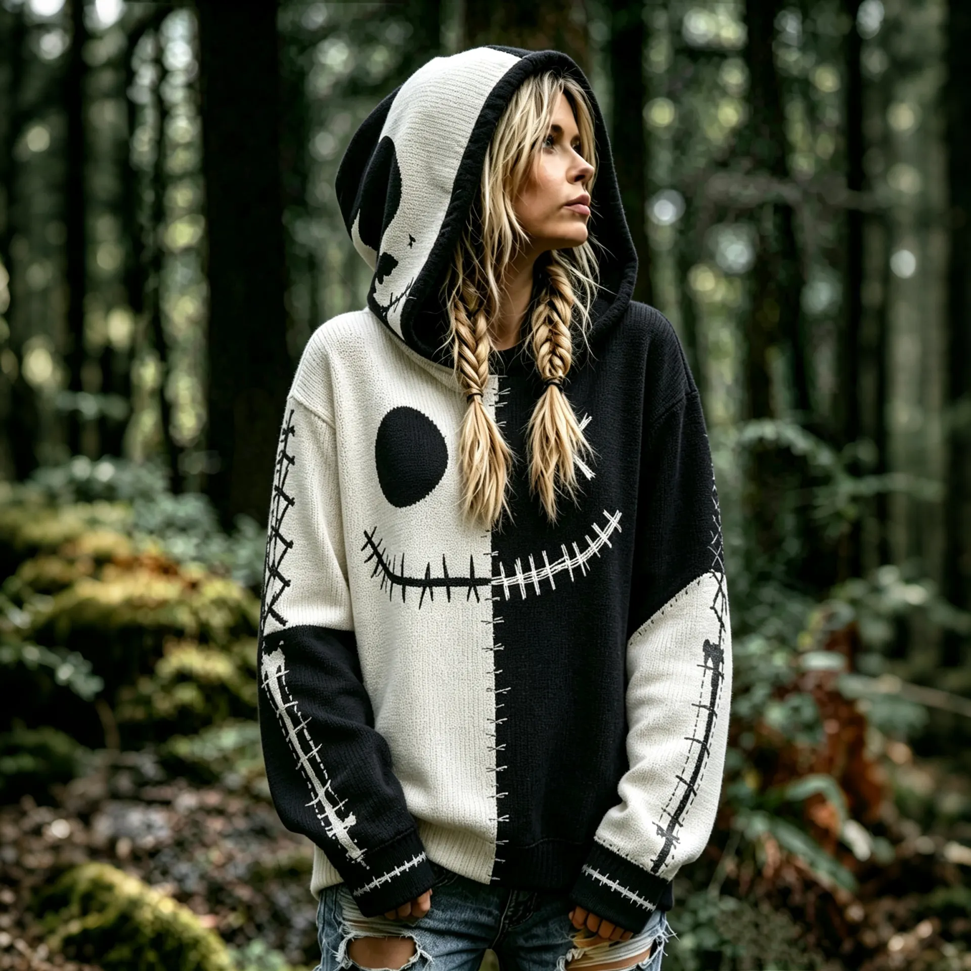 Women's Retro Halloween Scary Smiley Face Color Block Knitted Hooded Sweater artswardrobe