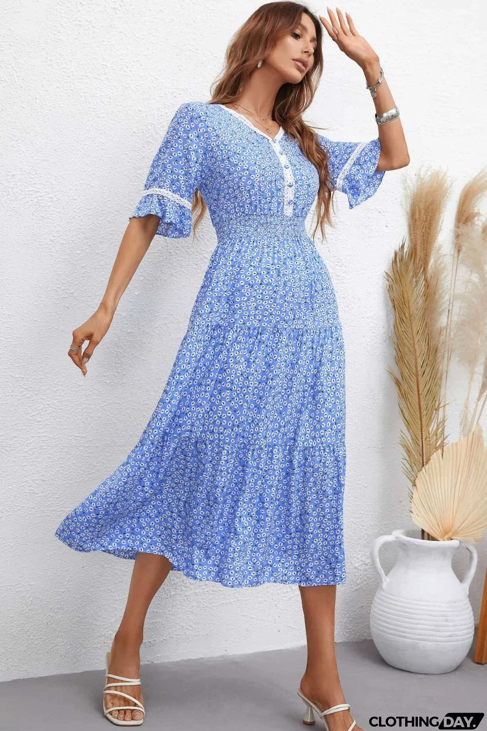 Floral V-Neck Smocked Waist Midi Dress