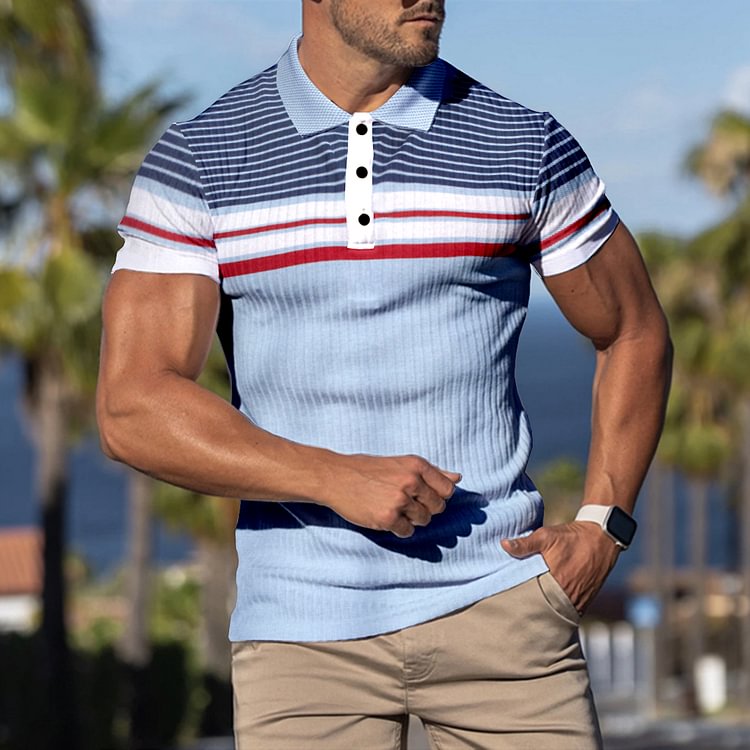 BrosWear Fashion Blue Stripe Casual Polo Shirt