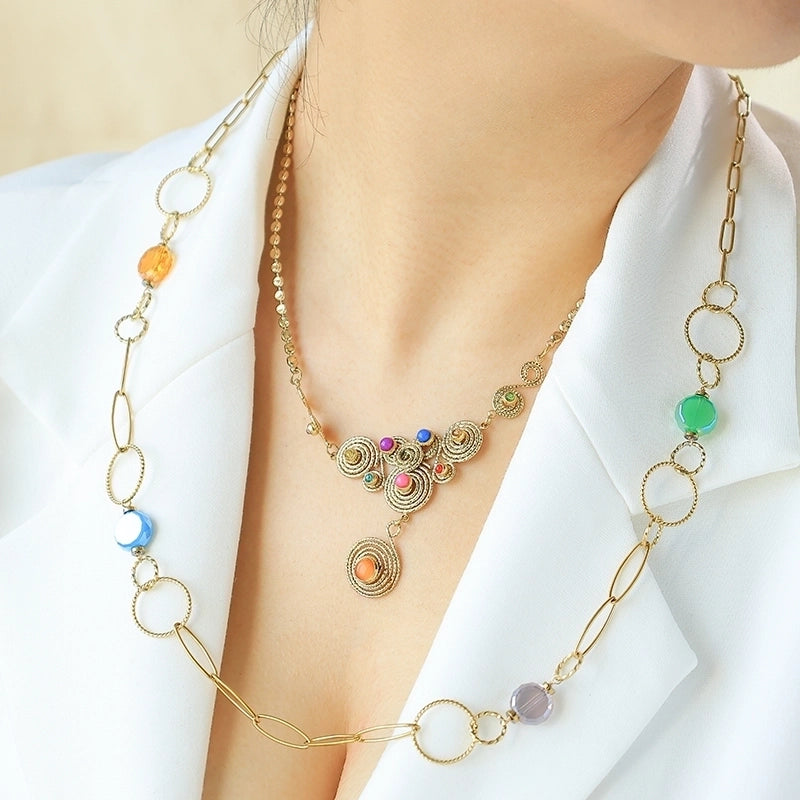 Retro Geometric Swirl Pattern 304 Stainless Steel Natural Stone 14K Gold Plated Plating Inlay Pendant Necklace Necklace