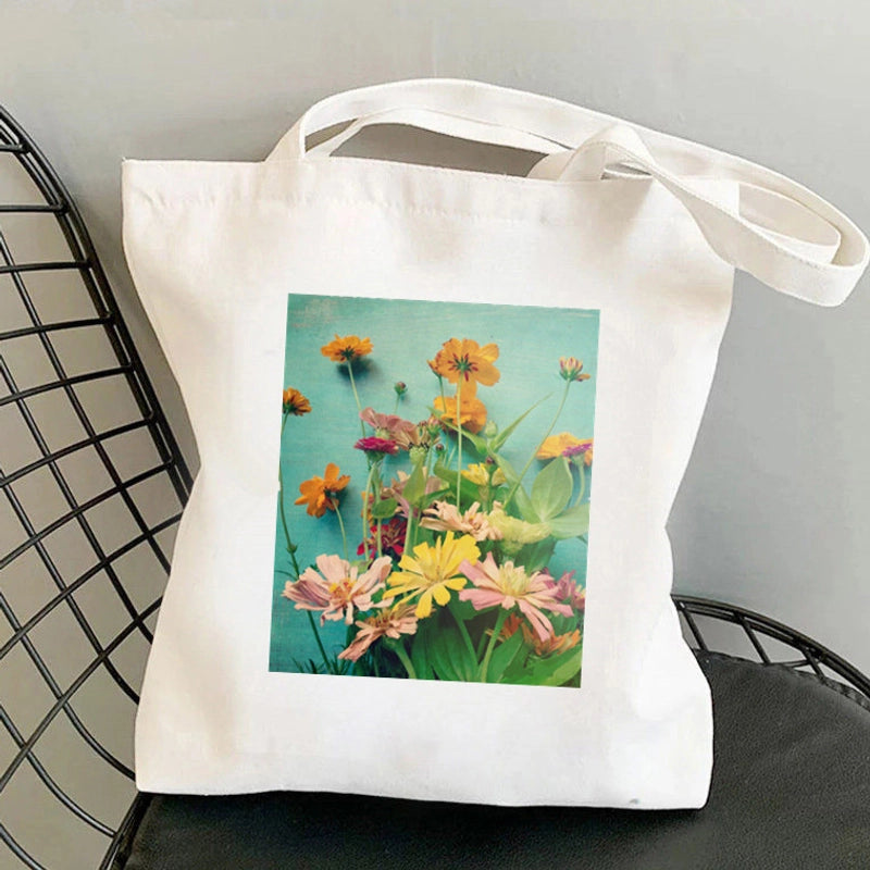 Women’s Medium Canvas Flower Basic Classic Style Square Open Canvas Bag