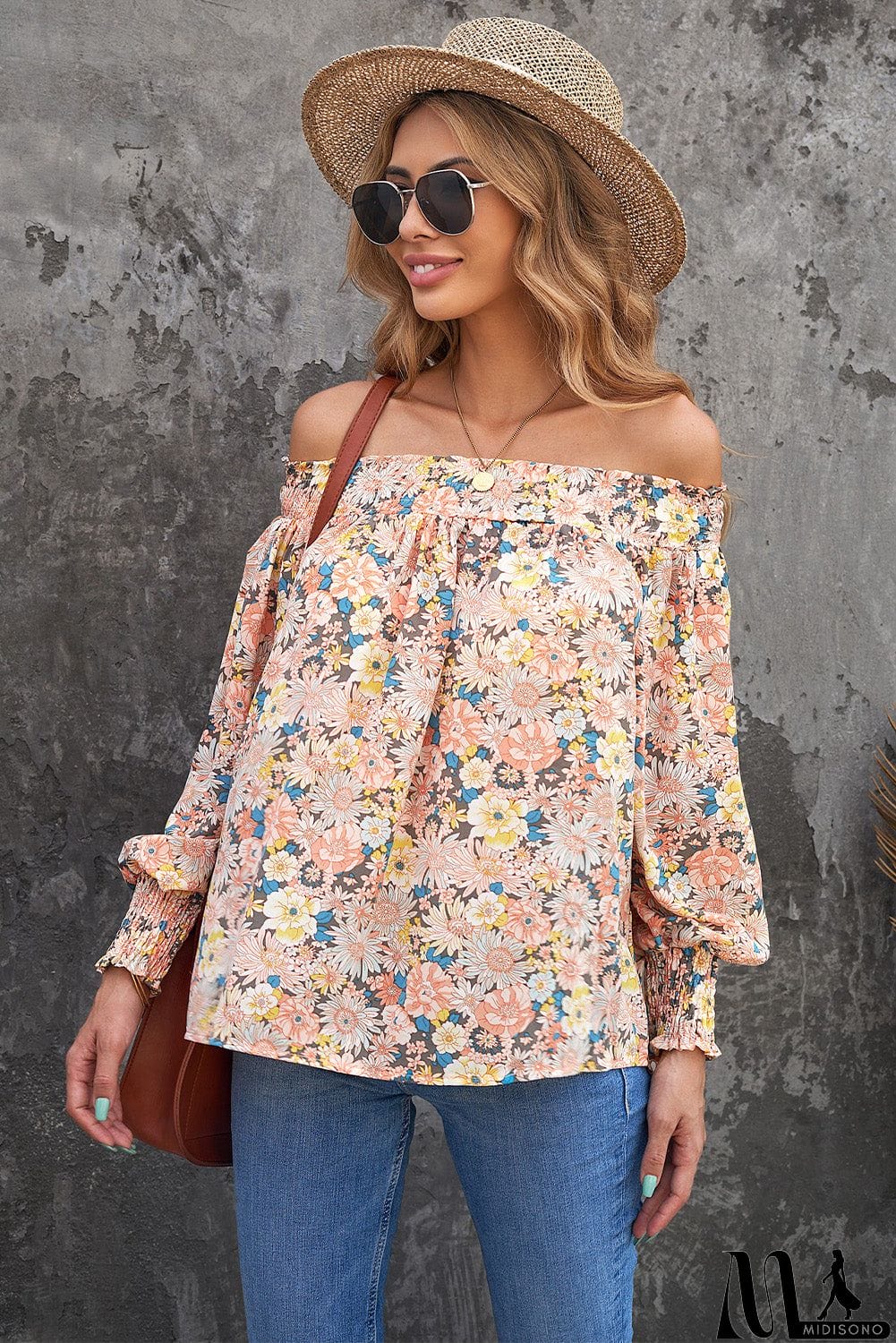 MidiSono - Off The Shoulder Smocked Floral Top