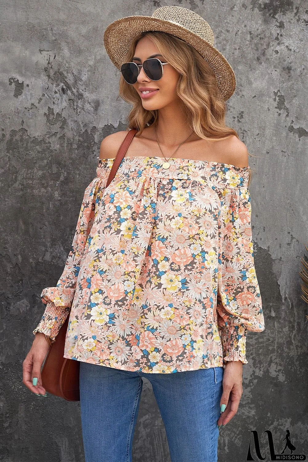 MidiSono - Off The Shoulder Smocked Floral Top