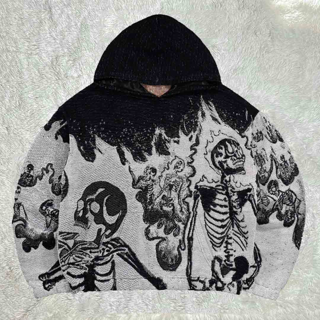 Flaming Skeletons Woven Tapestry Knit Hooded Sweater