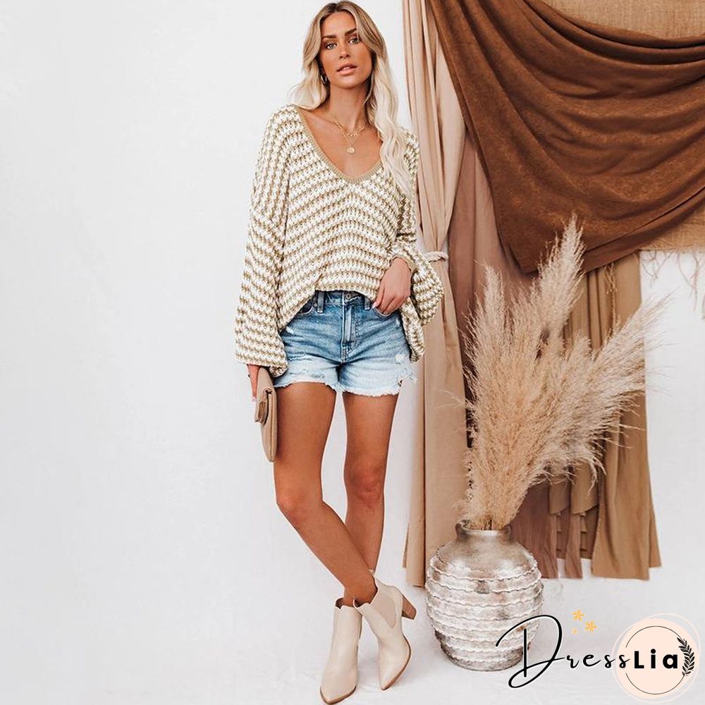 V Neck Loose Striped Sweater
