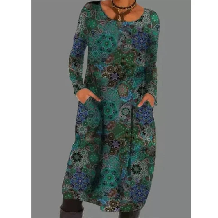 Women 2022 Loose Vintage Ruffles Dress Large Big Printed Spring Long Full Sleeve Boho Casual Party Pocket Dresses Plus Size