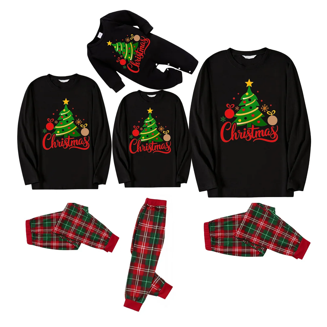Christmas Tree Printed 2024 Black Long Sleeve Top and Red & Green Plaid Pants Family Matching Pajamas
