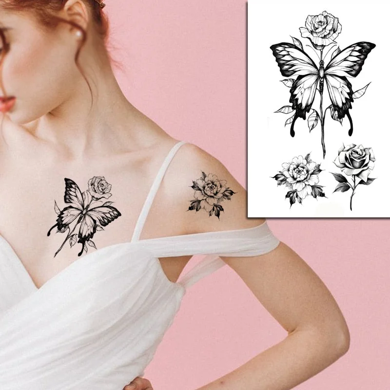 Waterproof Temporary Tattoo Sticker Black Wolf Arrow Rose Butterfly Flash Tattoos Totem Line Body Art Hand Fake Tatoos Women Men