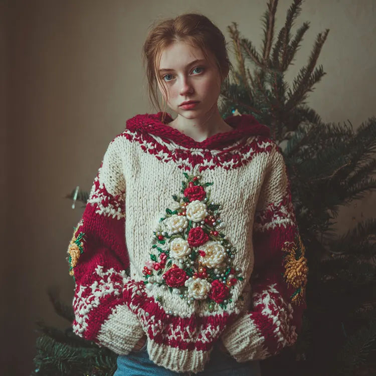 Vintage Christmas Tree Red Warm Hooded Sweater