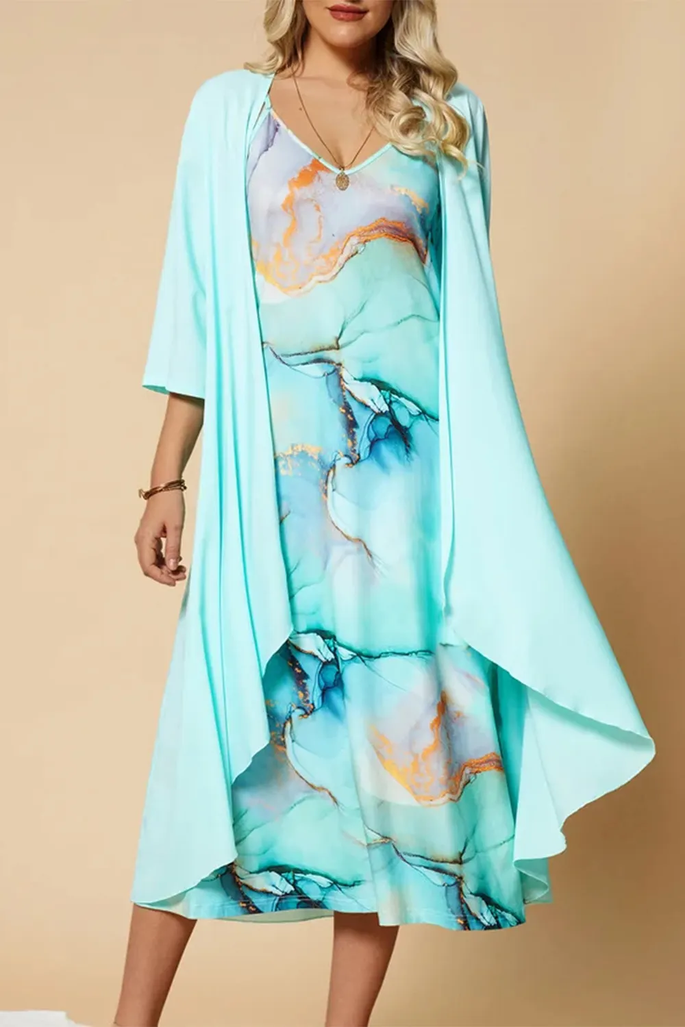 Plus Size Vacation Sky Blue Chiffon Marble Print 3/4 Sleeve Two Piece Midi  Dress With Jacket- Flycurvy