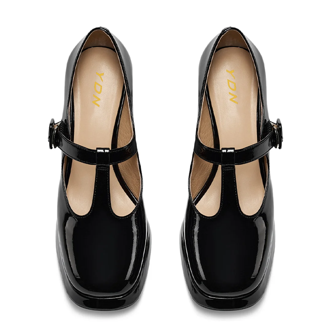 Patent Leather Square Toe Block Heel Platform Mary Janes in Black