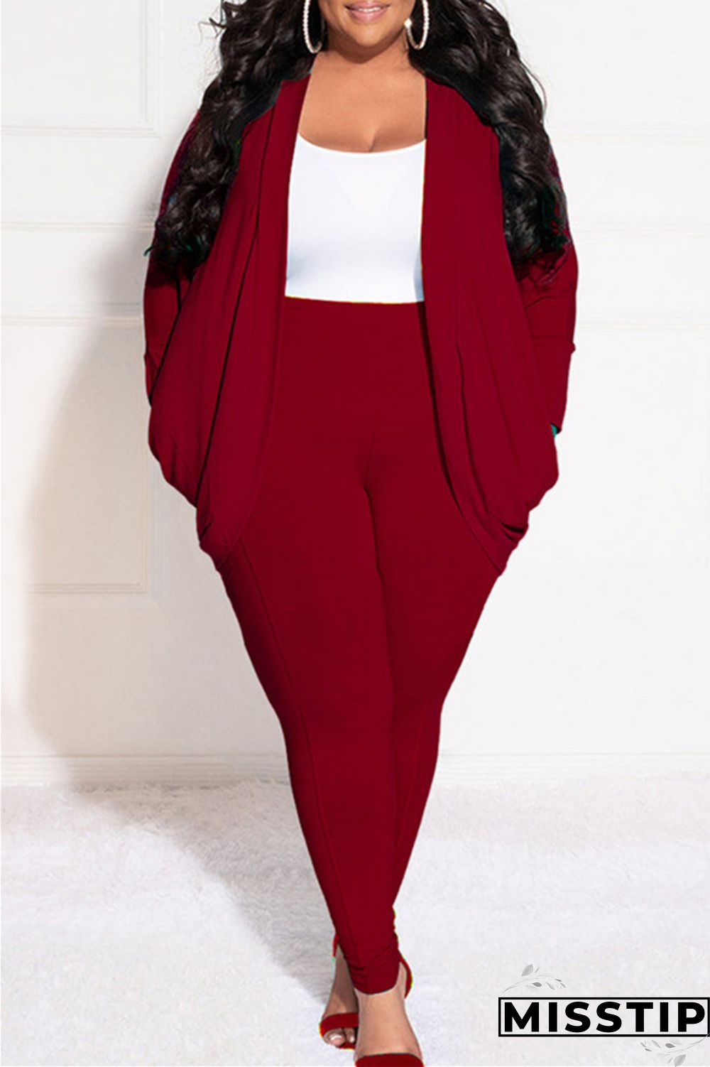 Burgundy Casual Solid Cardigan Pants Cardigan Collar Plus Size Two Pieces