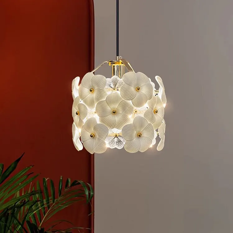 Traditional French Flower Petal Round Hardware Glass 1-Light Pendant Light For Bedroom