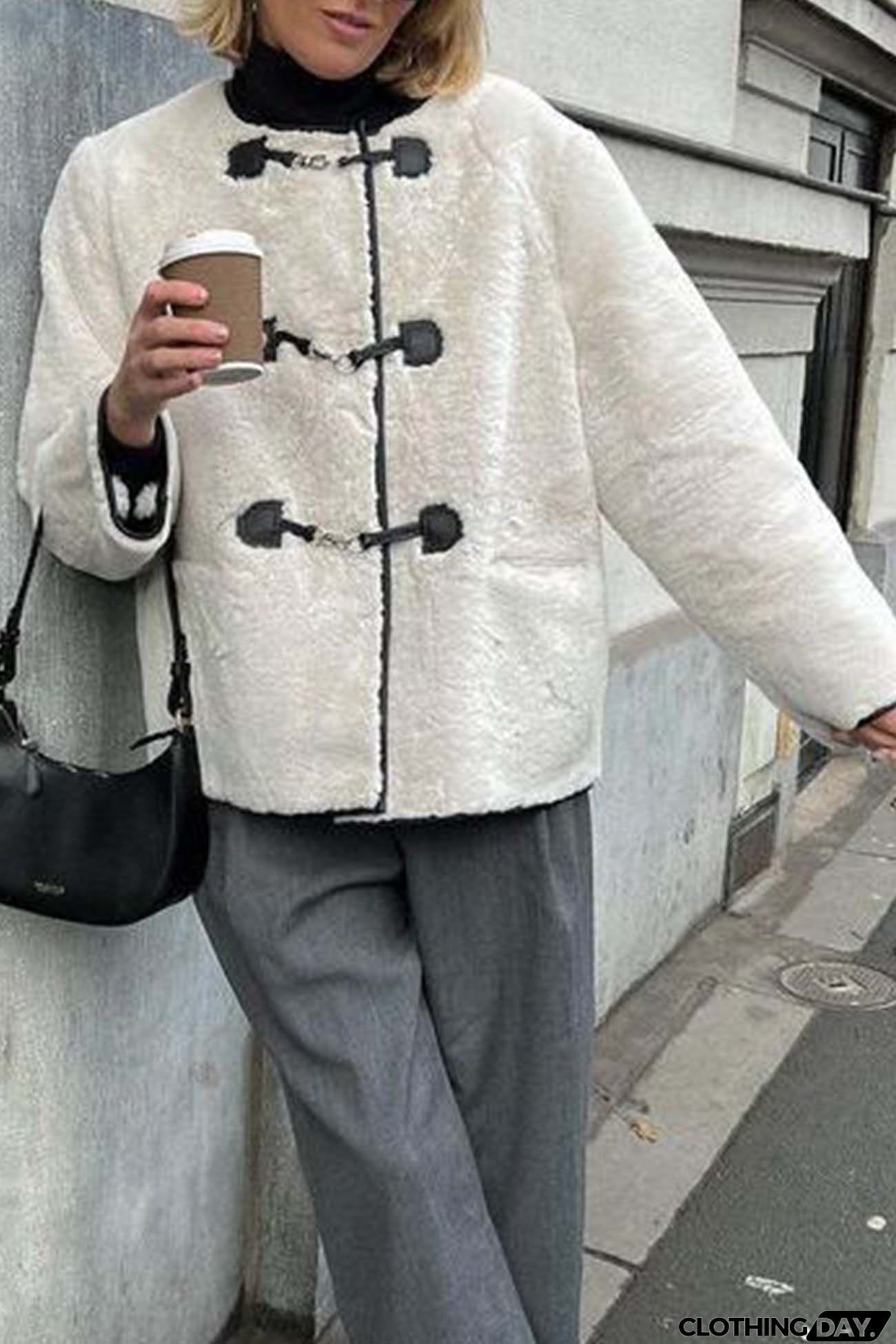 U Neck Metal Button Plush Jacket