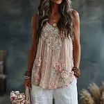 Women's Vintage Rose Embroidery Art Comfy Linen Tank Top - Image 2